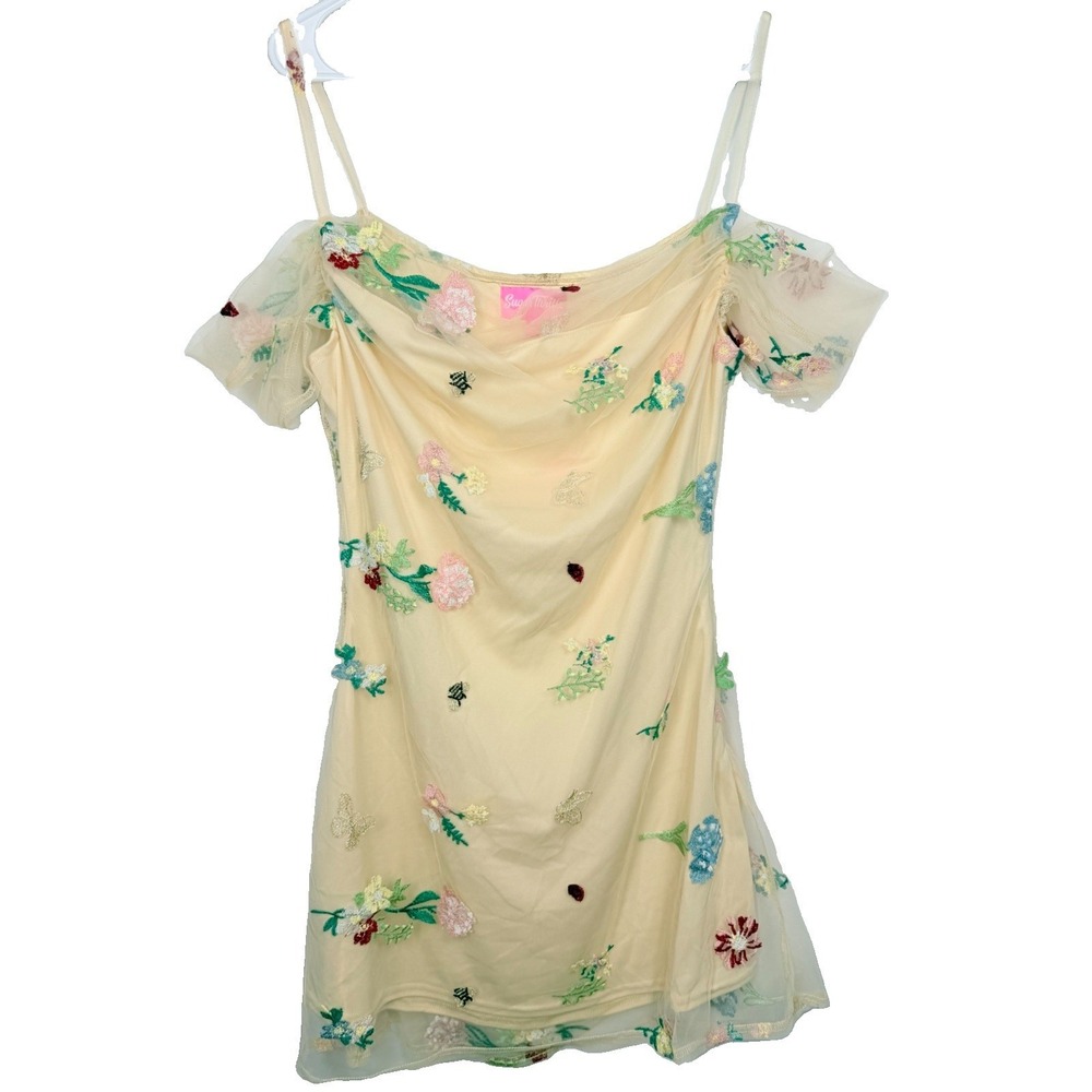 Sugar Thrillz Feels Like Paradise Floral Embroidered Mesh Mini Dress Fairy L